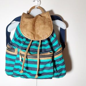 Merona Large Rugby Stripe Canvas Backpack Blue Green Camel